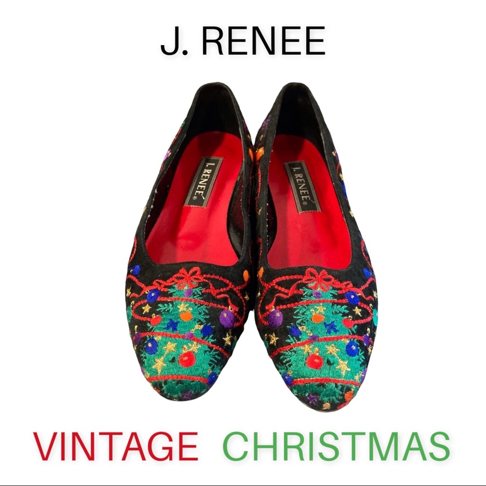 Vintage sz 8 Christmas embroidered black suede flats